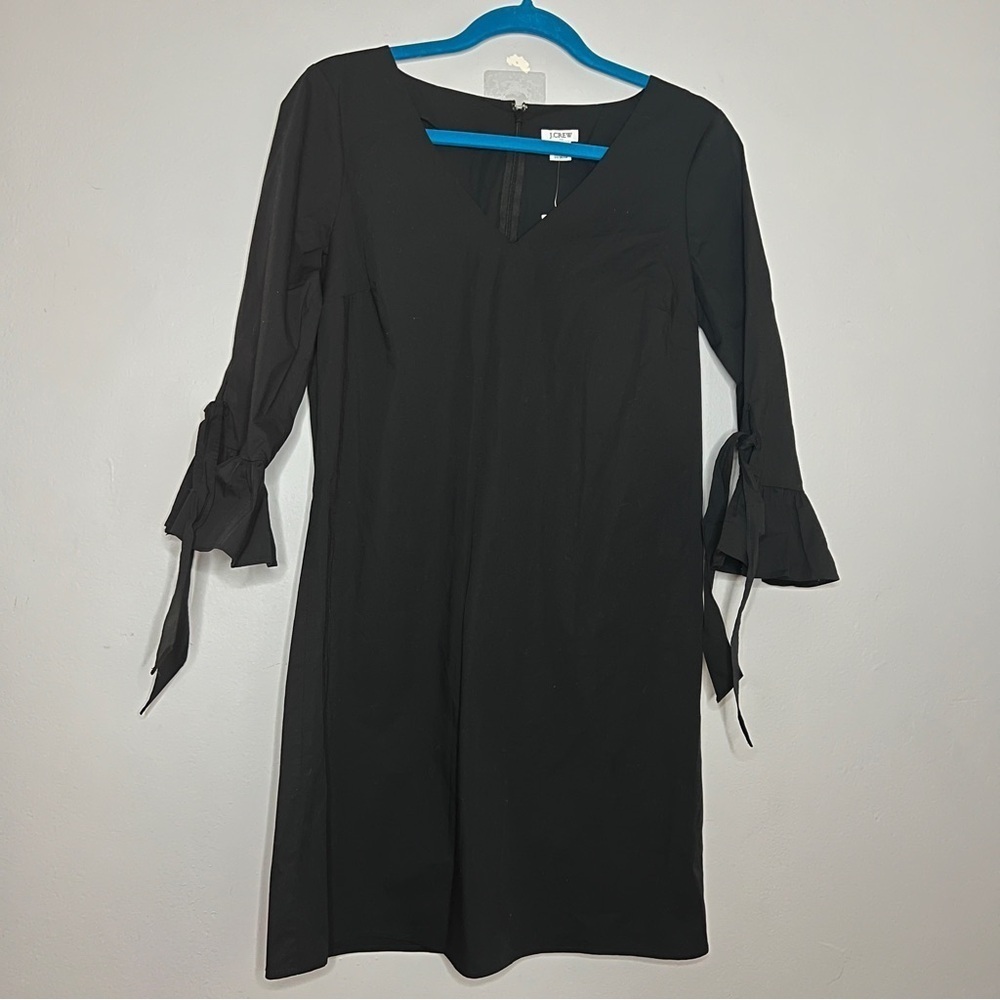 J Crew Ruffle Tie Sleeve Cotton Blend Dress Black Size 4, NWOT